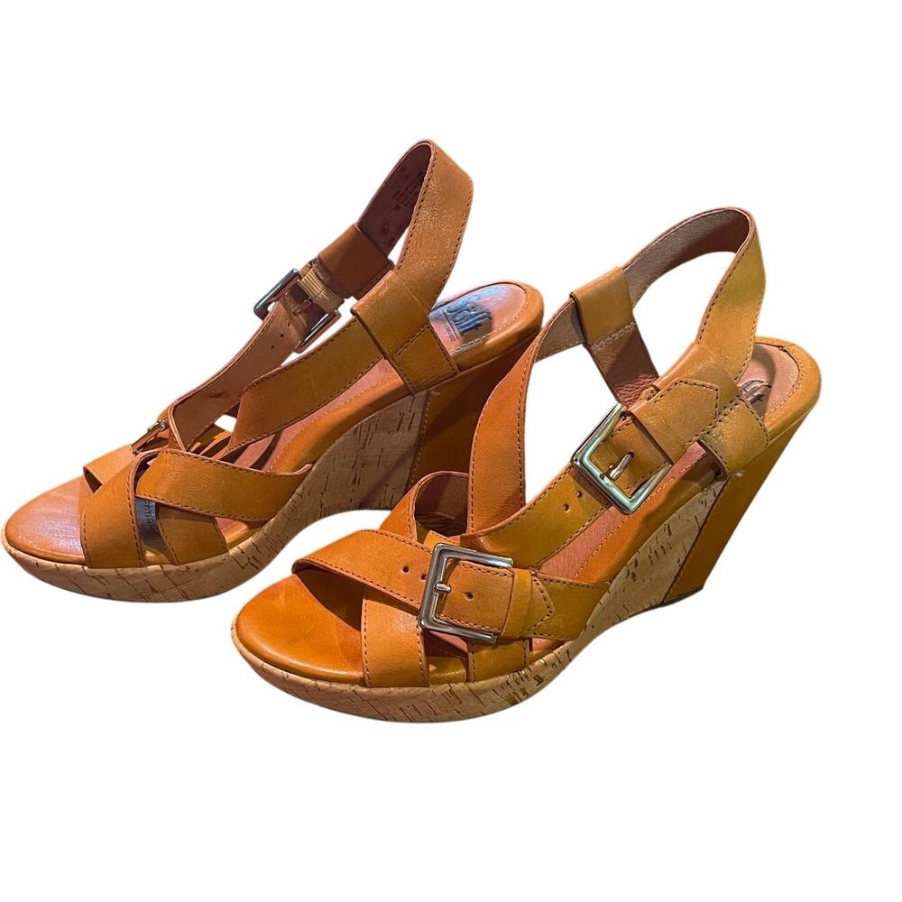 Sofft Tan Leather Strappy Platform Wedge Sandals Faux Cork, Size 9